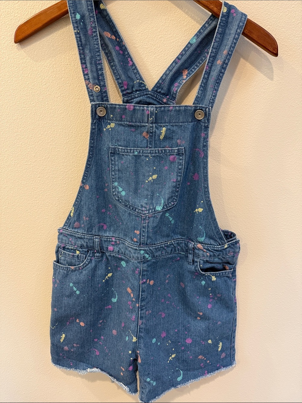 Girls' Denim Paint-Splatter Short Overalls - Blue